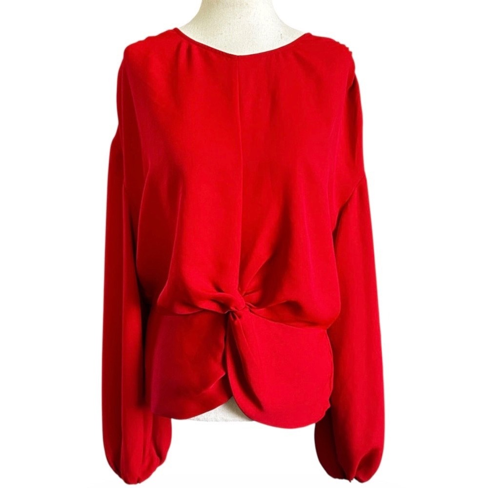 Express Womens Red Front Knot Bishop Sleeve Peplum Blouse Large Solid | 0147